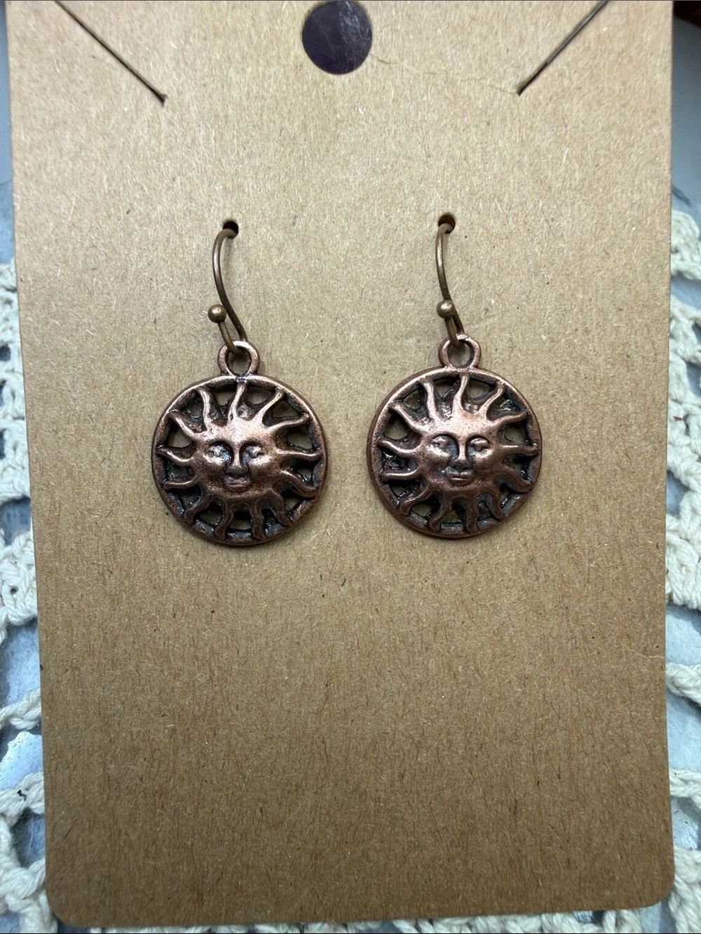 Sun Face Dangle Earrings - Copper Tone